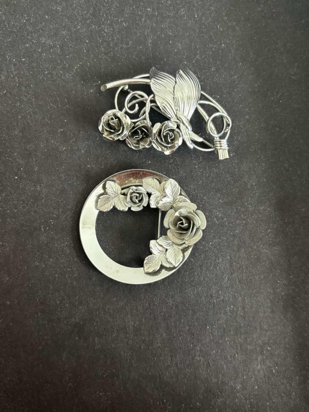 Silver-Tone Floral Circle Brooch with Rose Accents